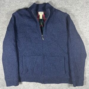 LL Bean Mens Lambswool Full Zip Plaid Lined Sweater Navy Blue XL 500921 Classic